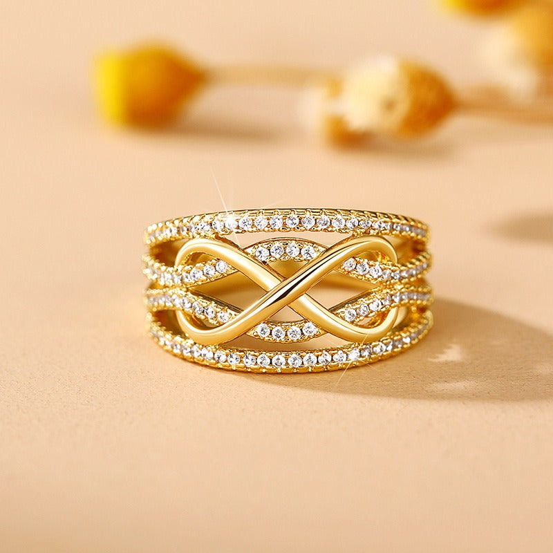 Multi-Color Infinity Symbol Diamond-Encrusted Ring - Gold/Silver Two-Color Women's Light Luxury Eternal Love Accessory