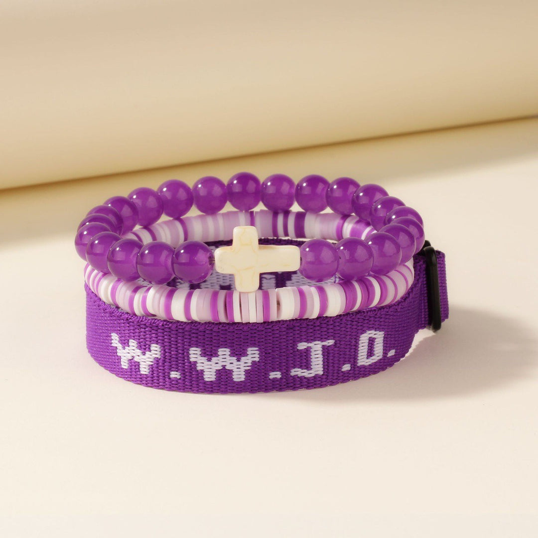 Multi-Color Christian Faith "WWJD" Bracelet Set - Cross Beaded & Webbing Bracelet, Unisex Religious-Style Fashion Accessory
