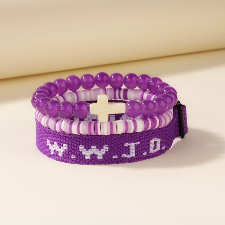 Multi-Color Christian Faith "WWJD" Bracelet Set - Cross Beaded & Webbing Bracelet, Unisex Religious-Style Fashion Accessory