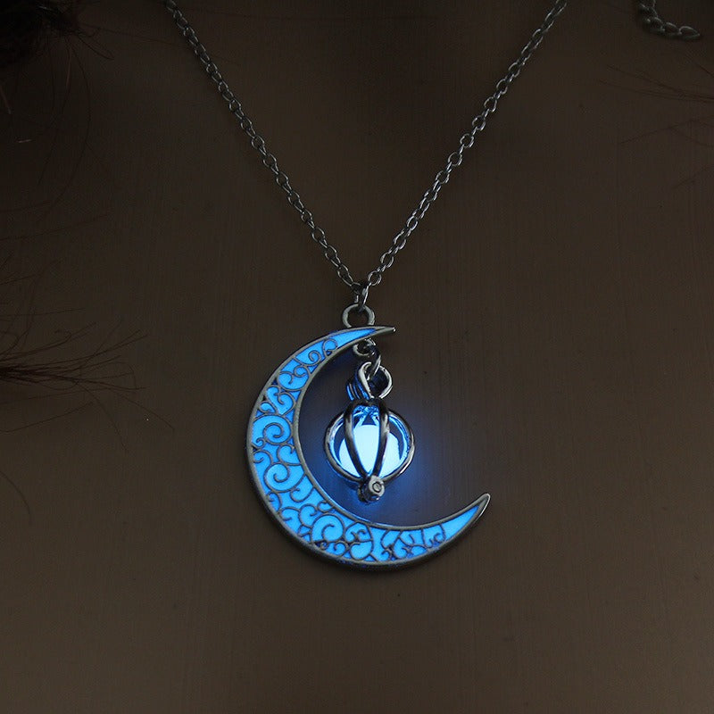 S925 Silver Tri-Color Glow-in-the-Dark Moon Star Lantern Necklace