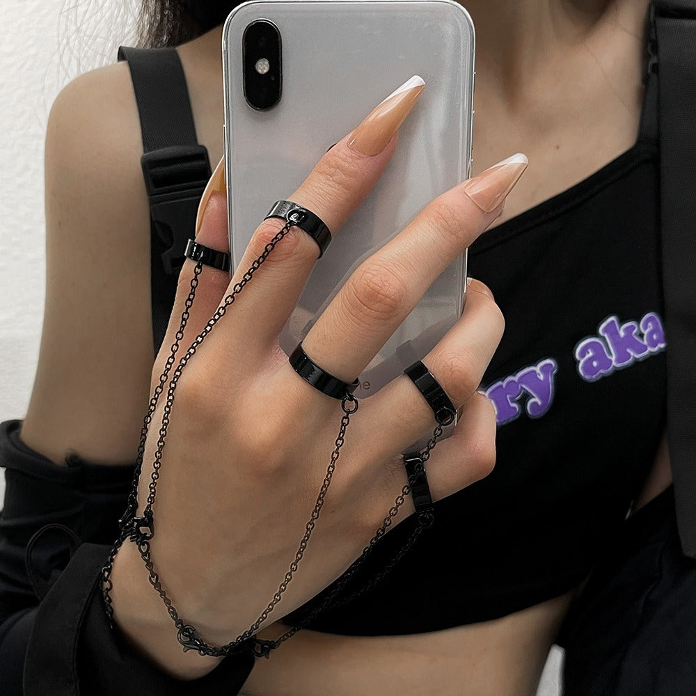 Chain Linked Hand Ring Set - Multi-Color Metal Bracelet & Ring