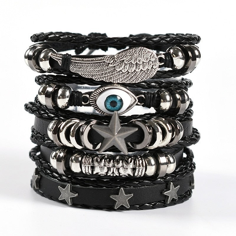 Multi-Style Leather Stackable Bracelet Set - Titanium Steel Accents Niche Dark-Style Bracelets