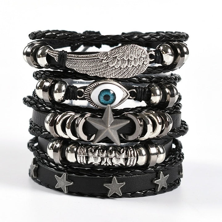 Multi-Style Leather Stackable Bracelet Set - Titanium Steel Accents Niche Dark-Style Bracelets