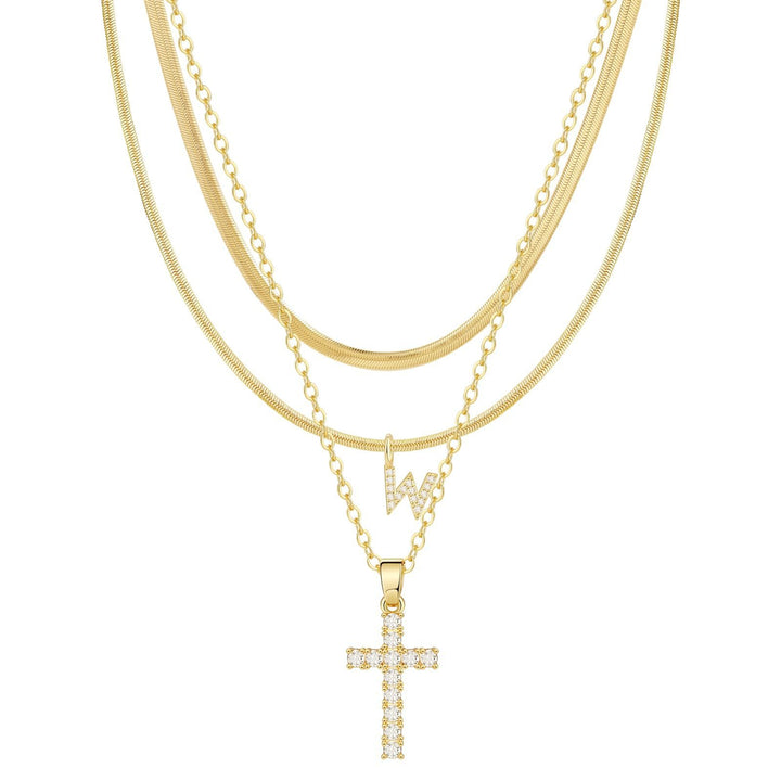 26 Letters Optional Multi-Layer Cross Necklace - Gold Diamond-Encrusted Layered Choker