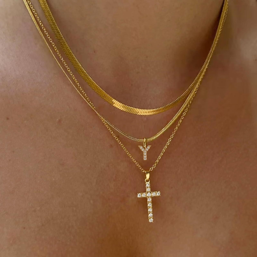 26 Letters Optional Multi-Layer Cross Necklace - Gold Diamond-Encrusted Layered Choker