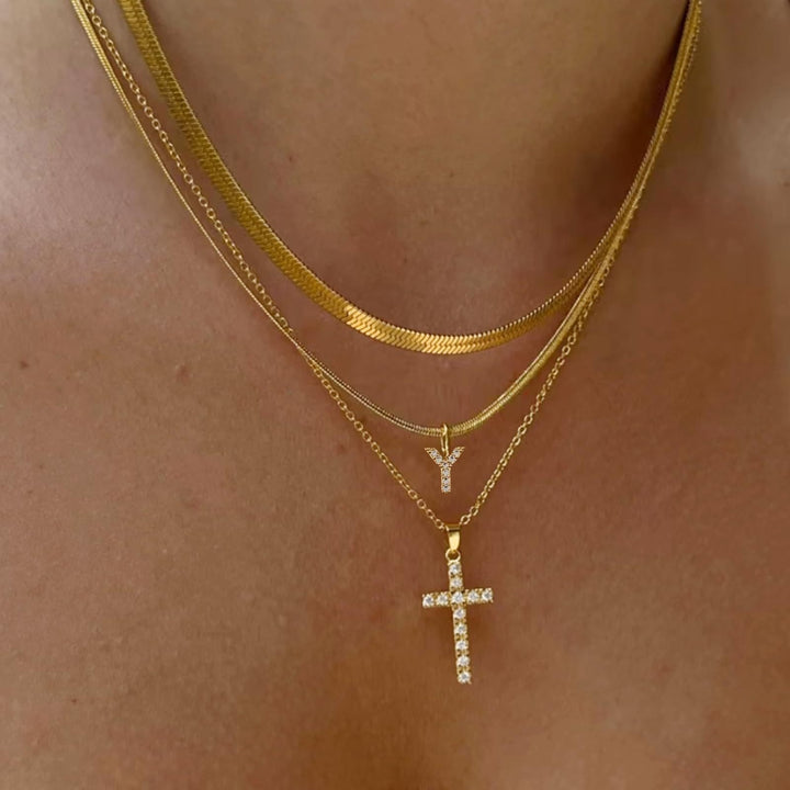 26 Letters Optional Multi-Layer Cross Necklace - Gold Diamond-Encrusted Layered Choker