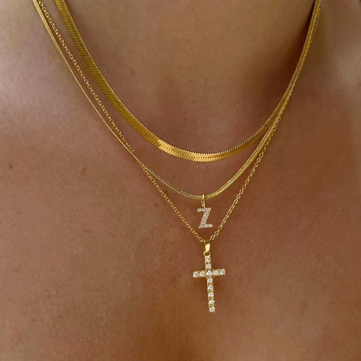 26 Letters Optional Multi-Layer Cross Necklace - Gold Diamond-Encrusted Layered Choker