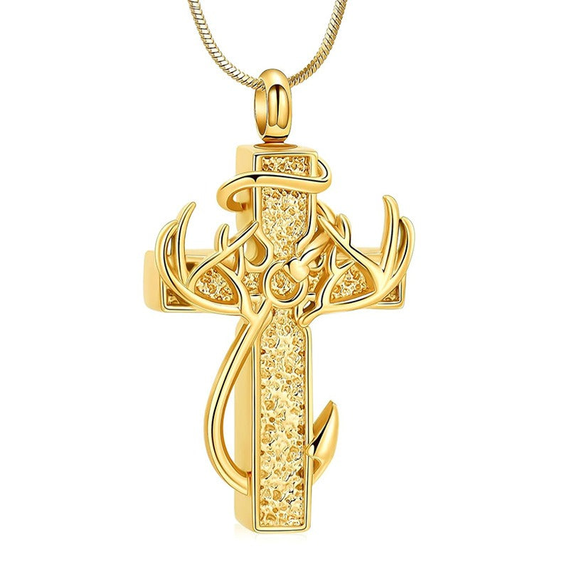 Multi-Color Cross Antler Fish Hook Necklace - Men's Religious Outdoor Style Personalized Pendant, Christian Faith Fashion Accessory