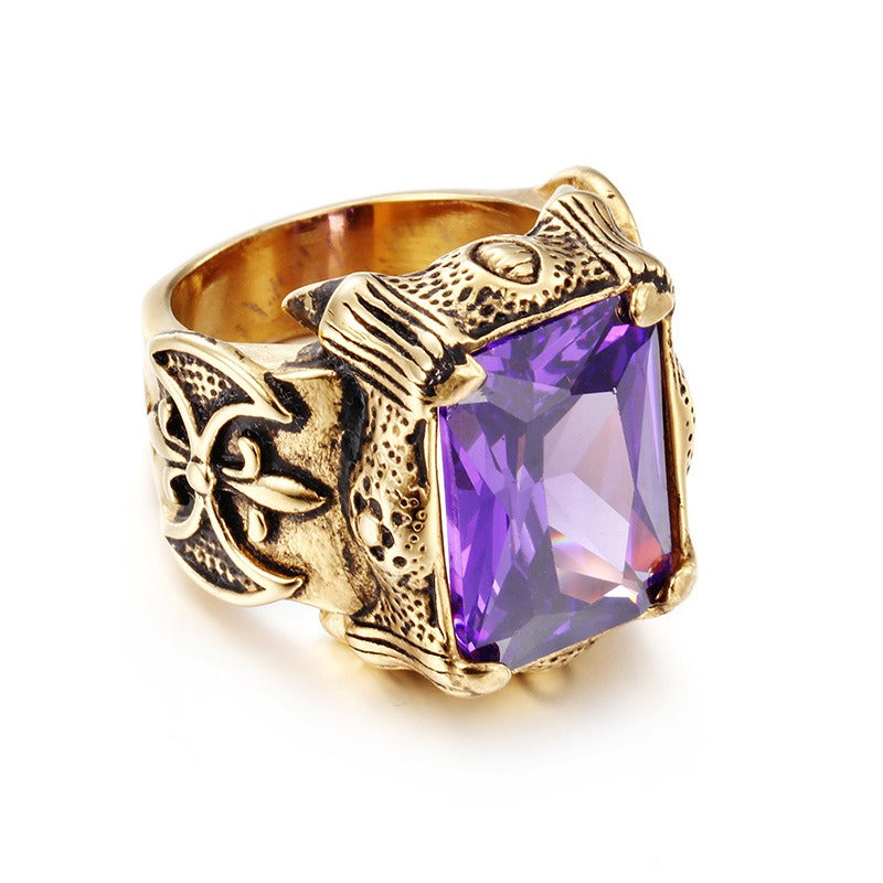 Retro Dark Multi-Color Large Gemstone Ring - Antique Gold/Silver Plated Unisex Niche Statement Band