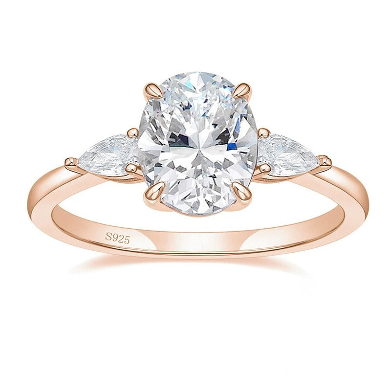 S925 Silver Oval Main Diamond Ring - Pear-Cut Accent Diamond Light Luxury Band