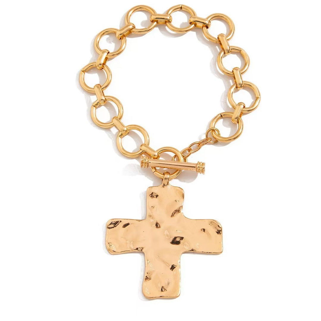 Gold & Silver Hammered Cross Jewelry Set - Necklace, Earrings, Bracelet Women's Light Luxury Religious Style Accessory