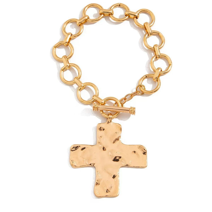 Gold & Silver Hammered Cross Jewelry Set - Necklace, Earrings, Bracelet Women's Light Luxury Religious Style Accessory