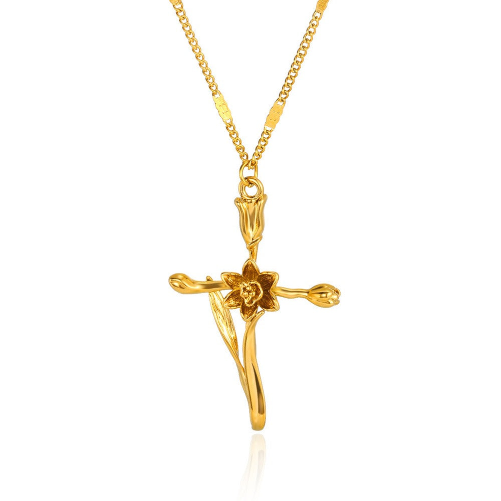 12-Month Birth Flower Cross Necklace 18K Gold-Plated Embossed Floral Pendant Light Luxury Memorial Choker