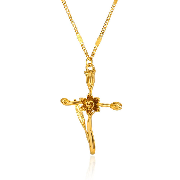12-Month Birth Flower Cross Necklace 18K Gold-Plated Embossed Floral Pendant Light Luxury Memorial Choker