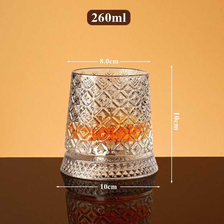 360° Rotating Crystal Whiskey Glass | Cold-Cut Crystal · Stainless Steel Spinning Base
