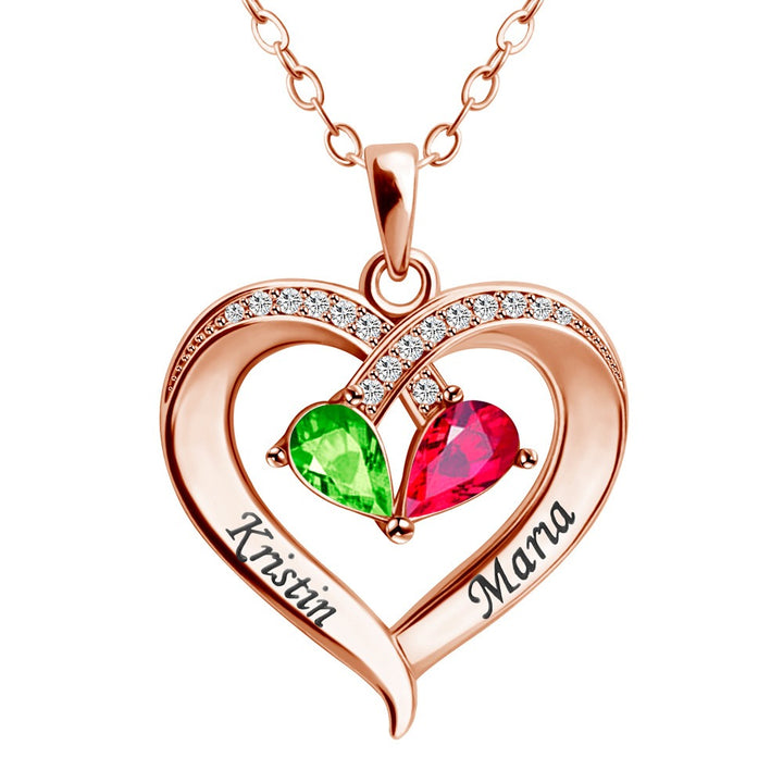 Custom 2-Person Birthstone Heart Necklace Engravable S925 Silver Choker