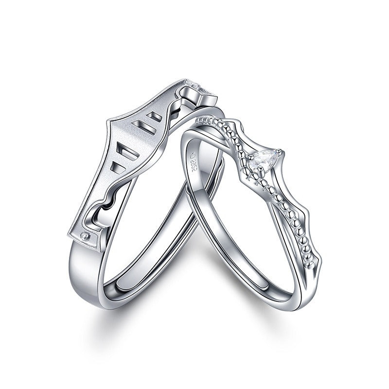 S925 Silver Princess & Knight Couple Rings - Partial Diamond-Studded Romantic Interactive Bands