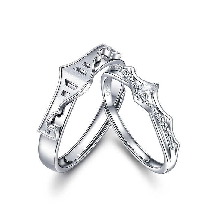 S925 Silver Princess & Knight Couple Rings - Partial Diamond-Studded Romantic Interactive Bands