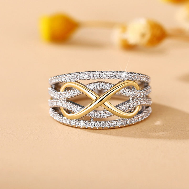 Multi-Color Infinity Symbol Diamond-Encrusted Ring - Gold/Silver Two-Color Women's Light Luxury Eternal Love Accessory