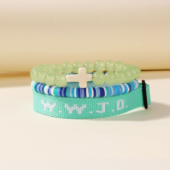 Multi-Color Christian Faith "WWJD" Bracelet Set - Cross Beaded & Webbing Bracelet, Unisex Religious-Style Fashion Accessory