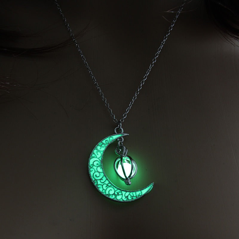 S925 Silver Tri-Color Glow-in-the-Dark Moon Star Lantern Necklace