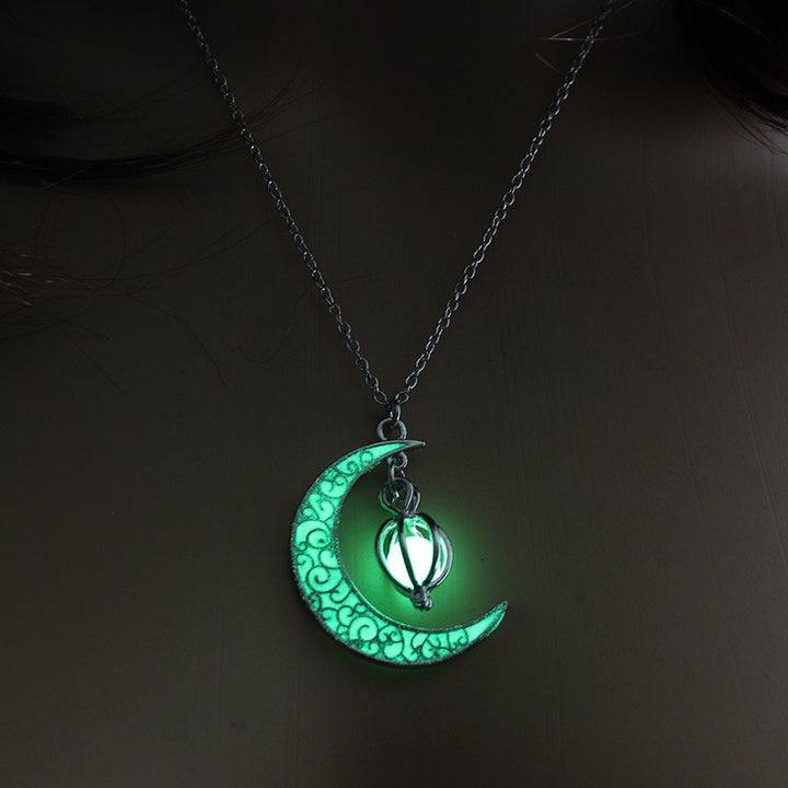 S925 Silver Tri-Color Glow-in-the-Dark Moon Star Lantern Necklace