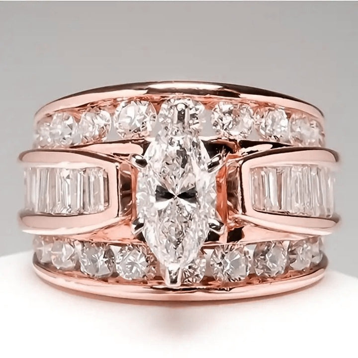 18K Gold\S925 Silver Light Luxury High-End Three-Color Marquise Main Diamond Full-Circle Diamond Ring