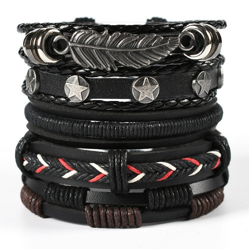 Multi-Style Leather Stackable Bracelet Set - Titanium Steel Accents Niche Dark-Style Bracelets
