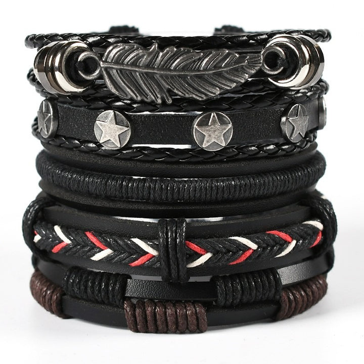 Multi-Style Leather Stackable Bracelet Set - Titanium Steel Accents Niche Dark-Style Bracelets