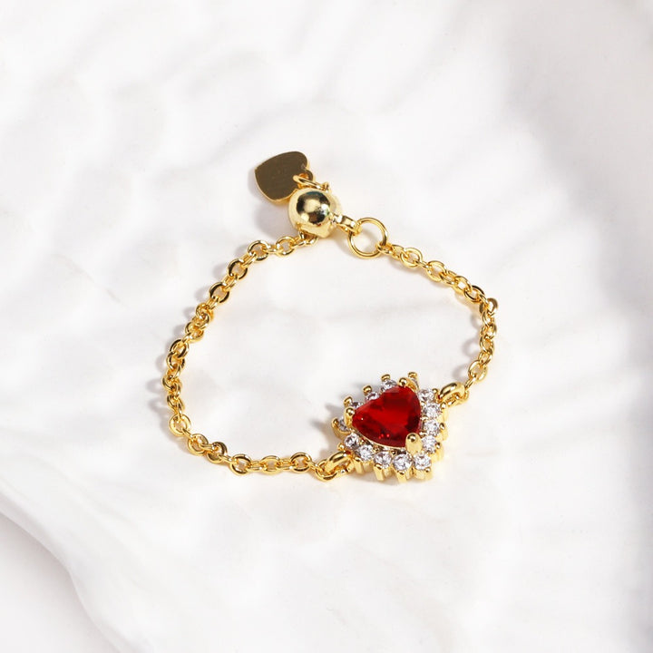 Multi-Color Heart-Shaped Gemstone Chain Adjustable Ring