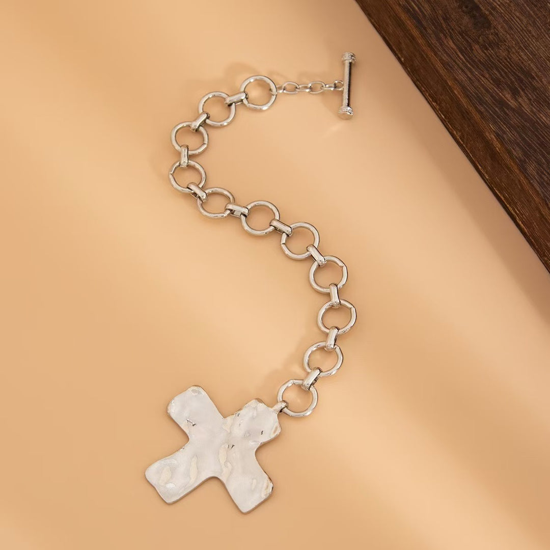 Gold & Silver Hammered Cross Jewelry Set - Necklace, Earrings, Bracelet Women's Light Luxury Religious Style Accessory