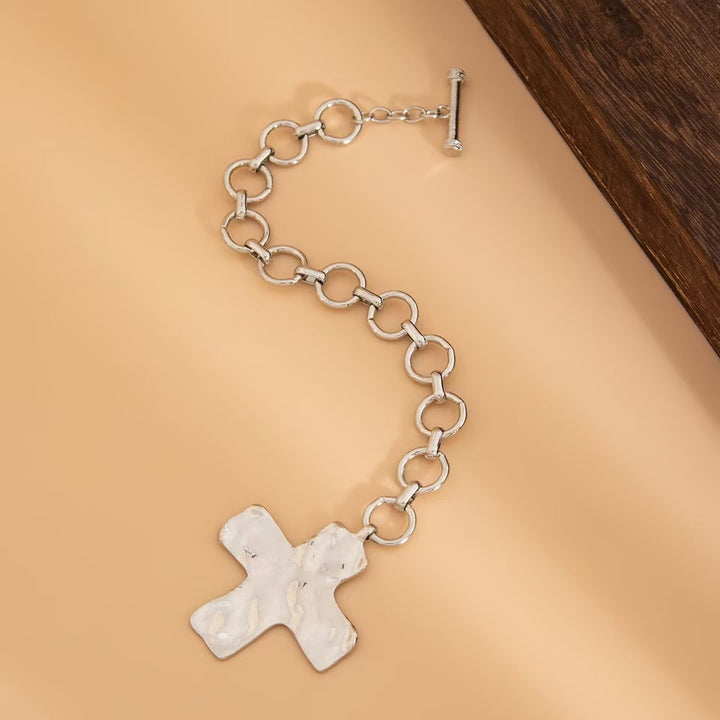 Gold & Silver Hammered Cross Jewelry Set - Necklace, Earrings, Bracelet Women's Light Luxury Religious Style Accessory