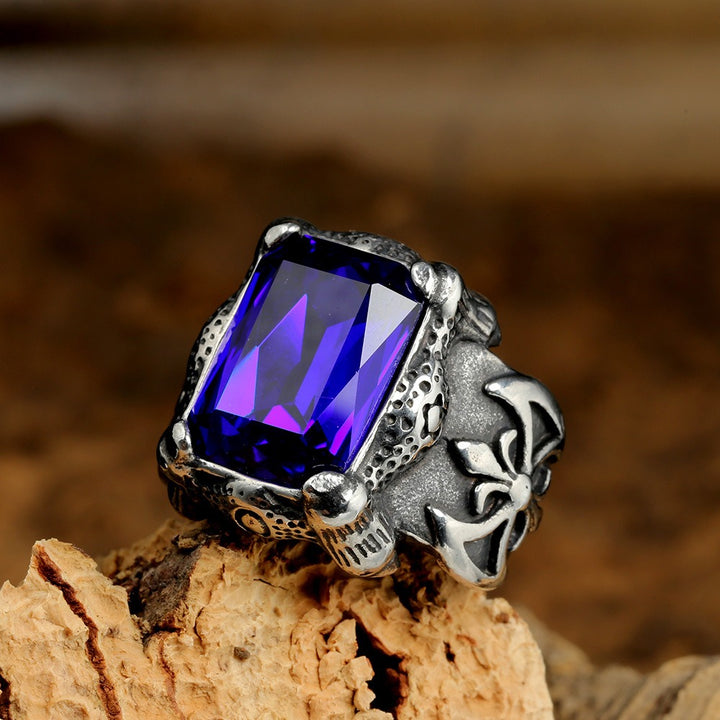 Retro Dark Multi-Color Large Gemstone Ring - Antique Gold/Silver Plated Unisex Niche Statement Band