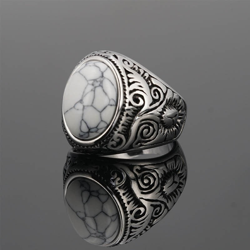 S925 Silver  Antiqued Niche Wide Vintage Carved Multi-Gemstone Ring