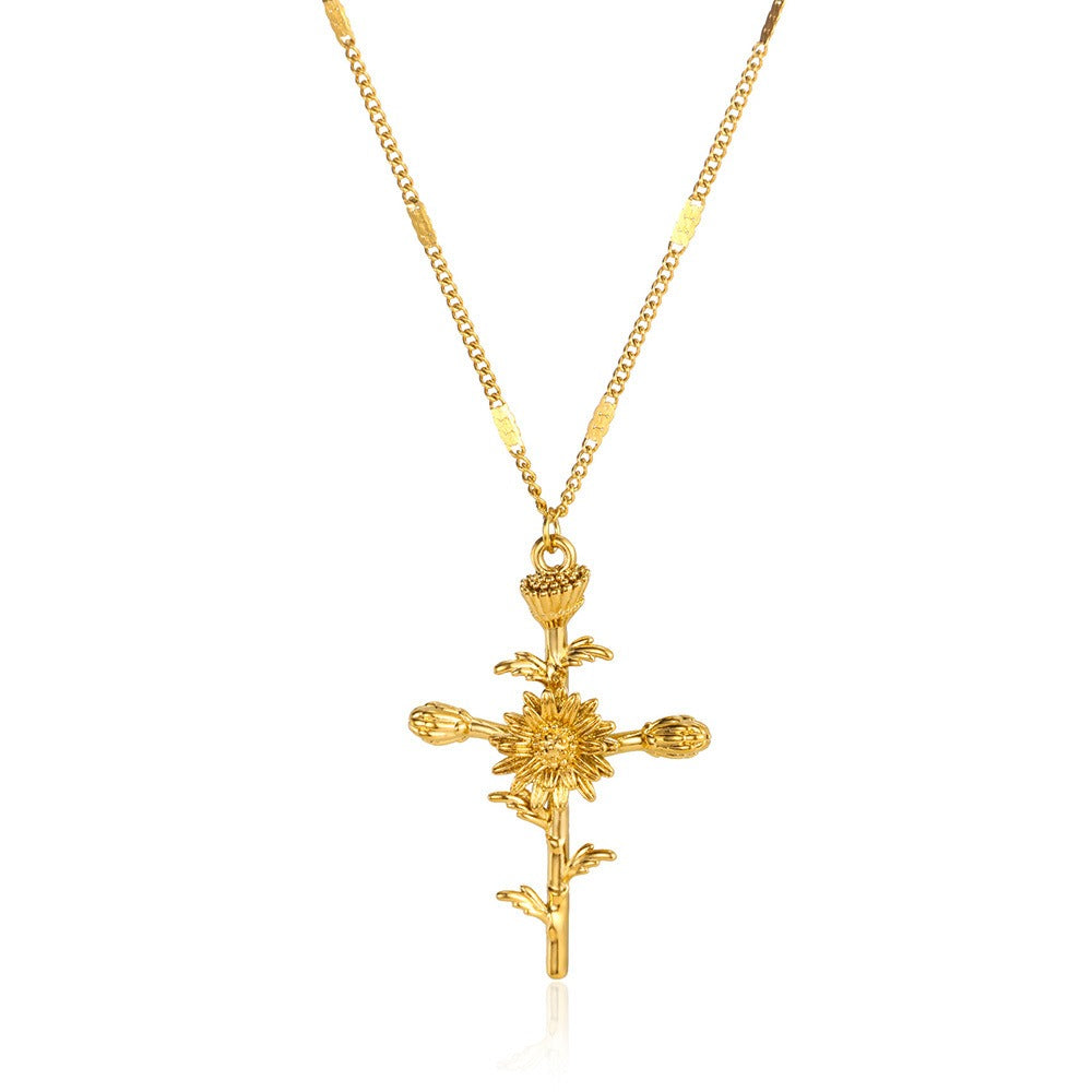 12-Month Birth Flower Cross Necklace 18K Gold-Plated Embossed Floral Pendant Light Luxury Memorial Choker