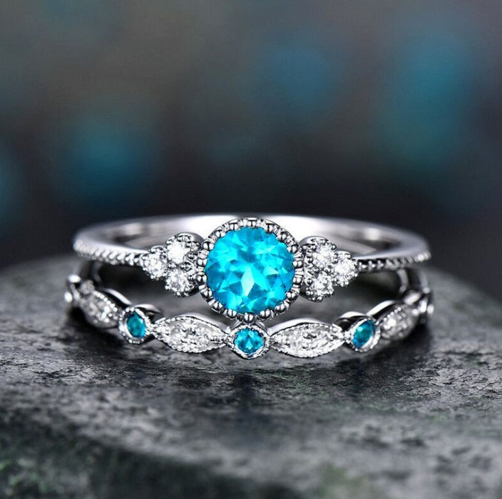 “Eternal Heart” Round Gemstone Ring Set | Stackable Double Ring Design with Halo Setting