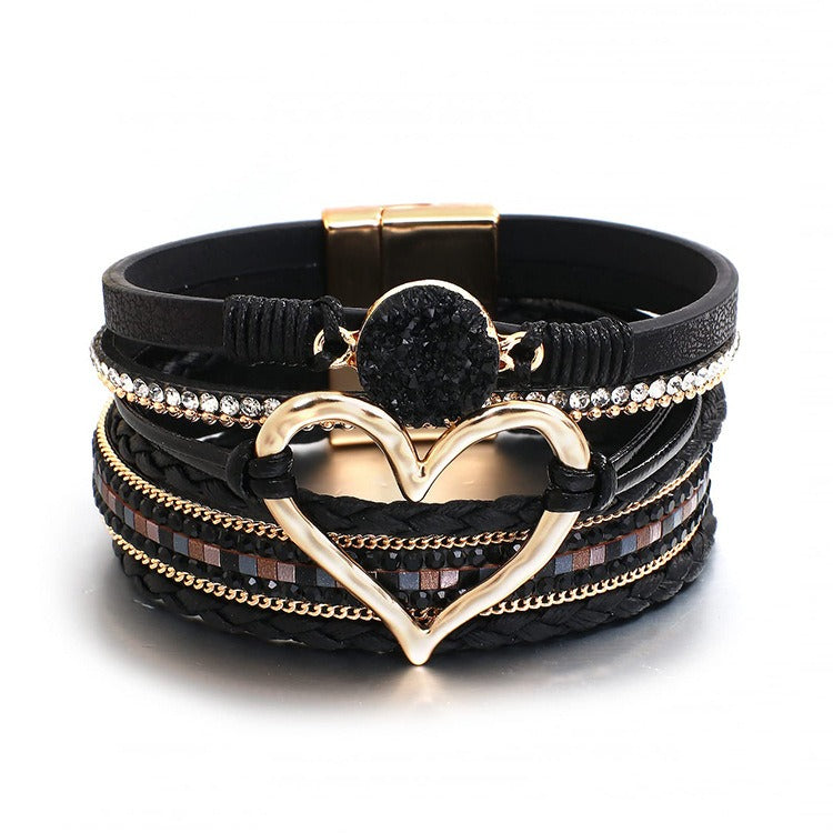 Multi-Color Multi-Layer Heart Braided Bracelet - Leather Diamond-Paved Niche Light Luxury Bracelet