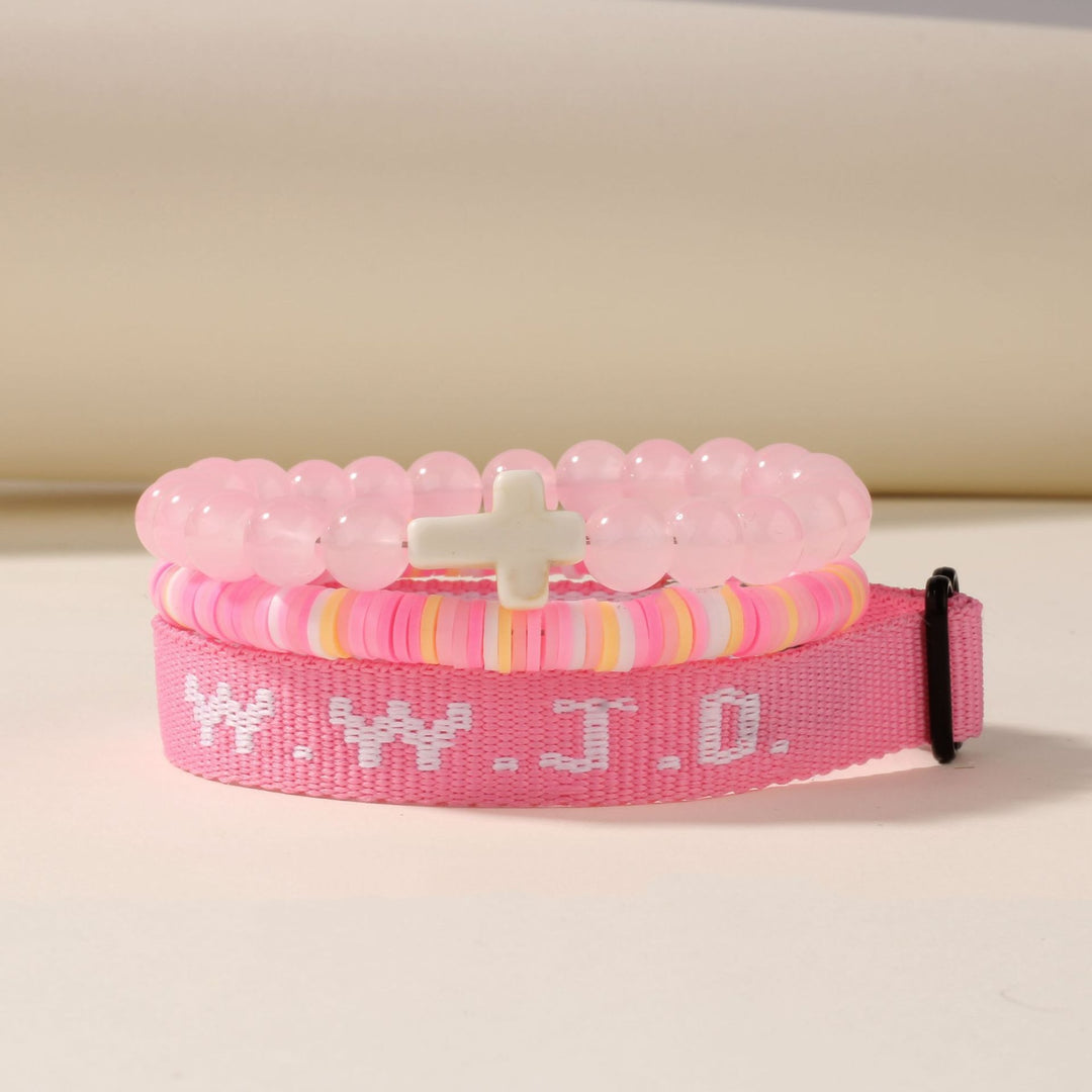 Multi-Color Christian Faith "WWJD" Bracelet Set - Cross Beaded & Webbing Bracelet, Unisex Religious-Style Fashion Accessory