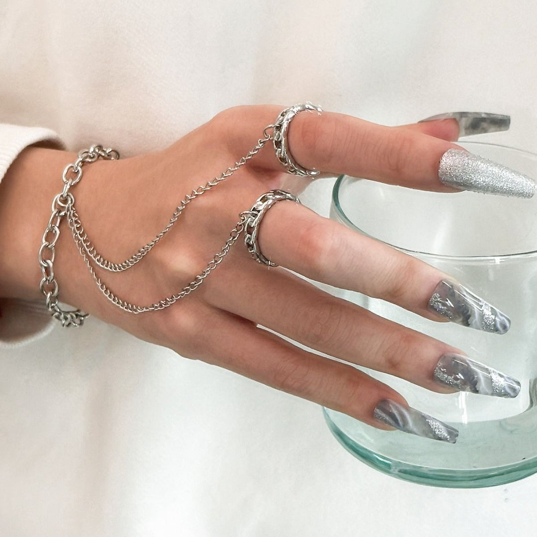 Chain Linked Hand Ring Set - Multi-Color Metal Bracelet & Ring