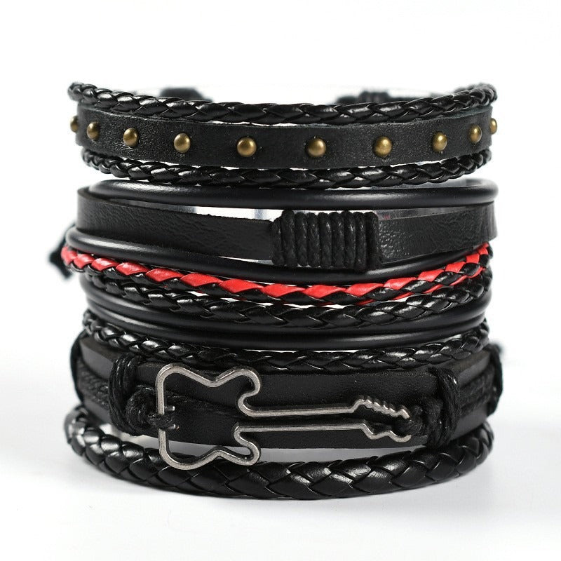 Multi-Style Leather Stackable Bracelet Set - Titanium Steel Accents Niche Dark-Style Bracelets