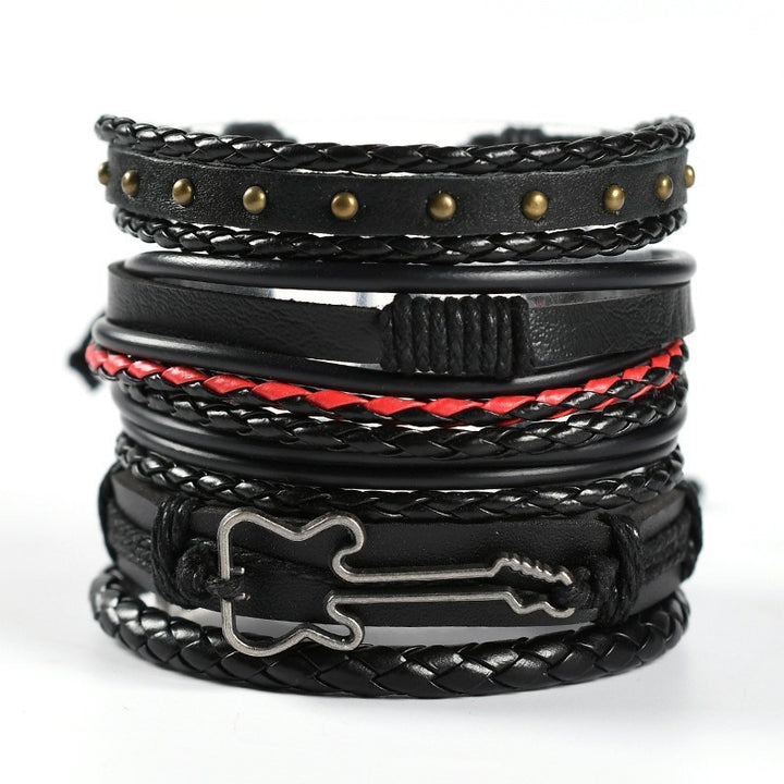 Multi-Style Leather Stackable Bracelet Set - Titanium Steel Accents Niche Dark-Style Bracelets