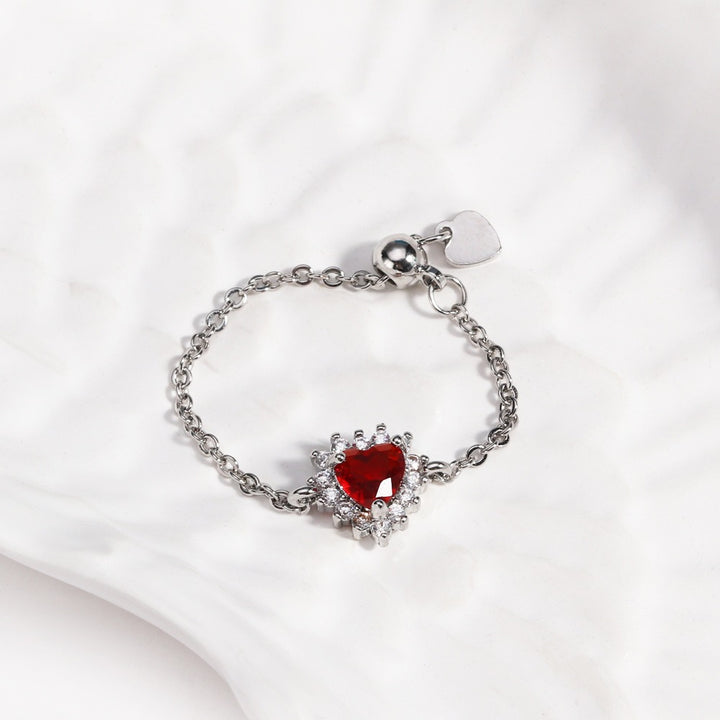 Multi-Color Heart-Shaped Gemstone Chain Adjustable Ring