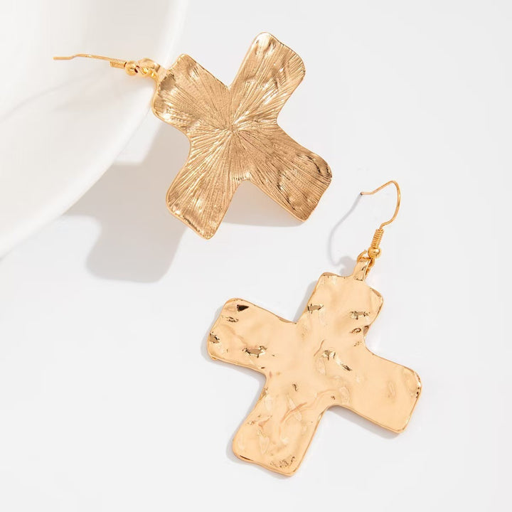 Gold & Silver Hammered Cross Jewelry Set - Necklace, Earrings, Bracelet Women's Light Luxury Religious Style Accessory