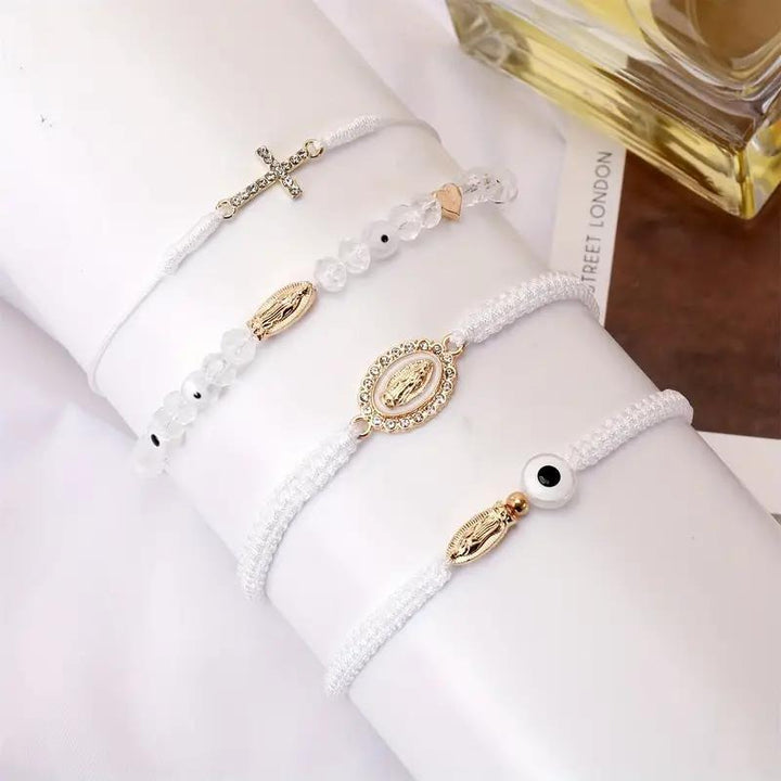 Unisex Religious Braided Rope Bracelets - Virgin Mary/Cross + Evil Eye Decor Lucky Handchains
