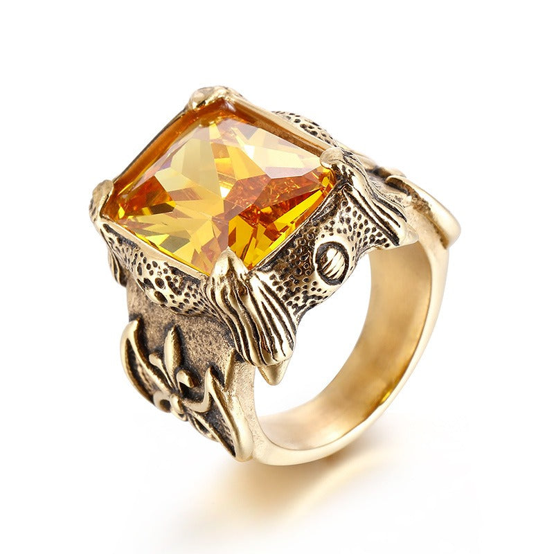 Retro Dark Multi-Color Large Gemstone Ring - Antique Gold/Silver Plated Unisex Niche Statement Band
