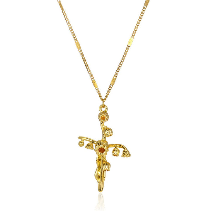 12-Month Birth Flower Cross Necklace 18K Gold-Plated Embossed Floral Pendant Light Luxury Memorial Choker