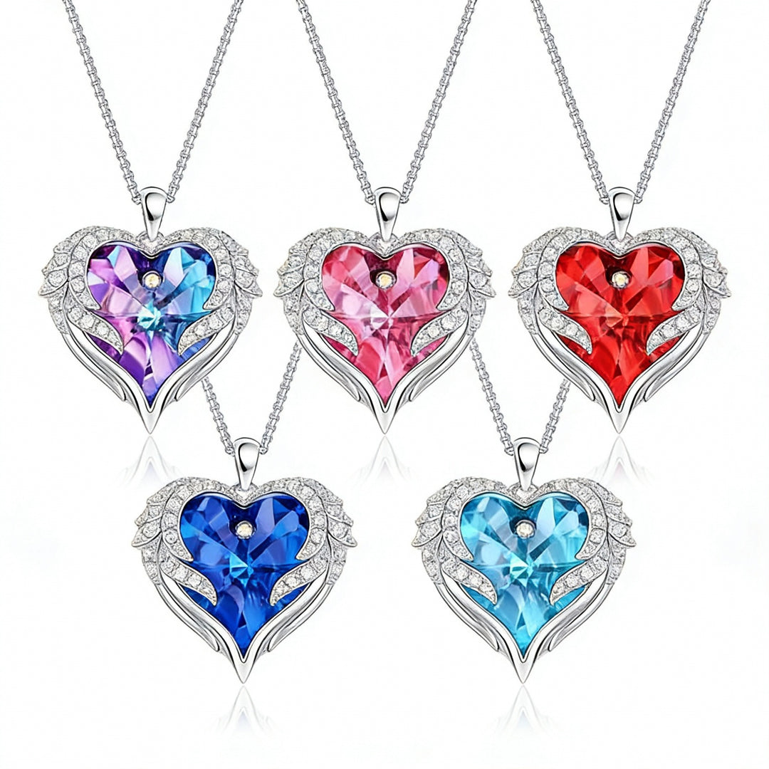 Angel Wing Heart Crystal Necklace | Multicolor Gem | Meaningful Gift for Her
