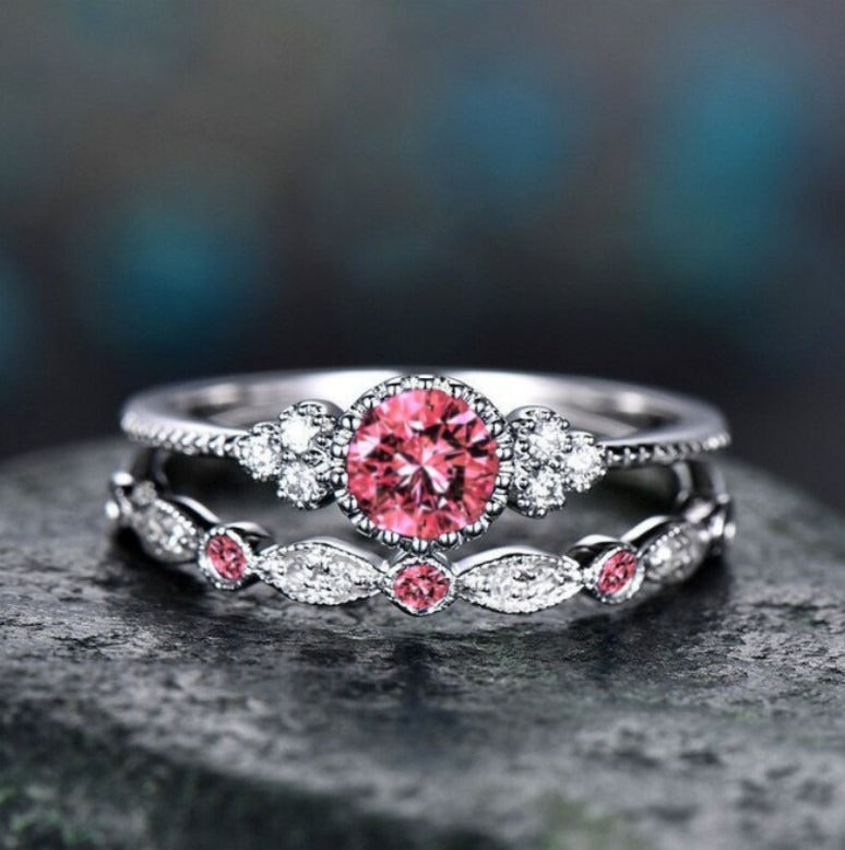 “Eternal Heart” Round Gemstone Ring Set | Stackable Double Ring Design with Halo Setting