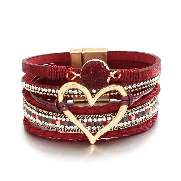 Multi-Color Multi-Layer Heart Braided Bracelet - Leather Diamond-Paved Niche Light Luxury Bracelet