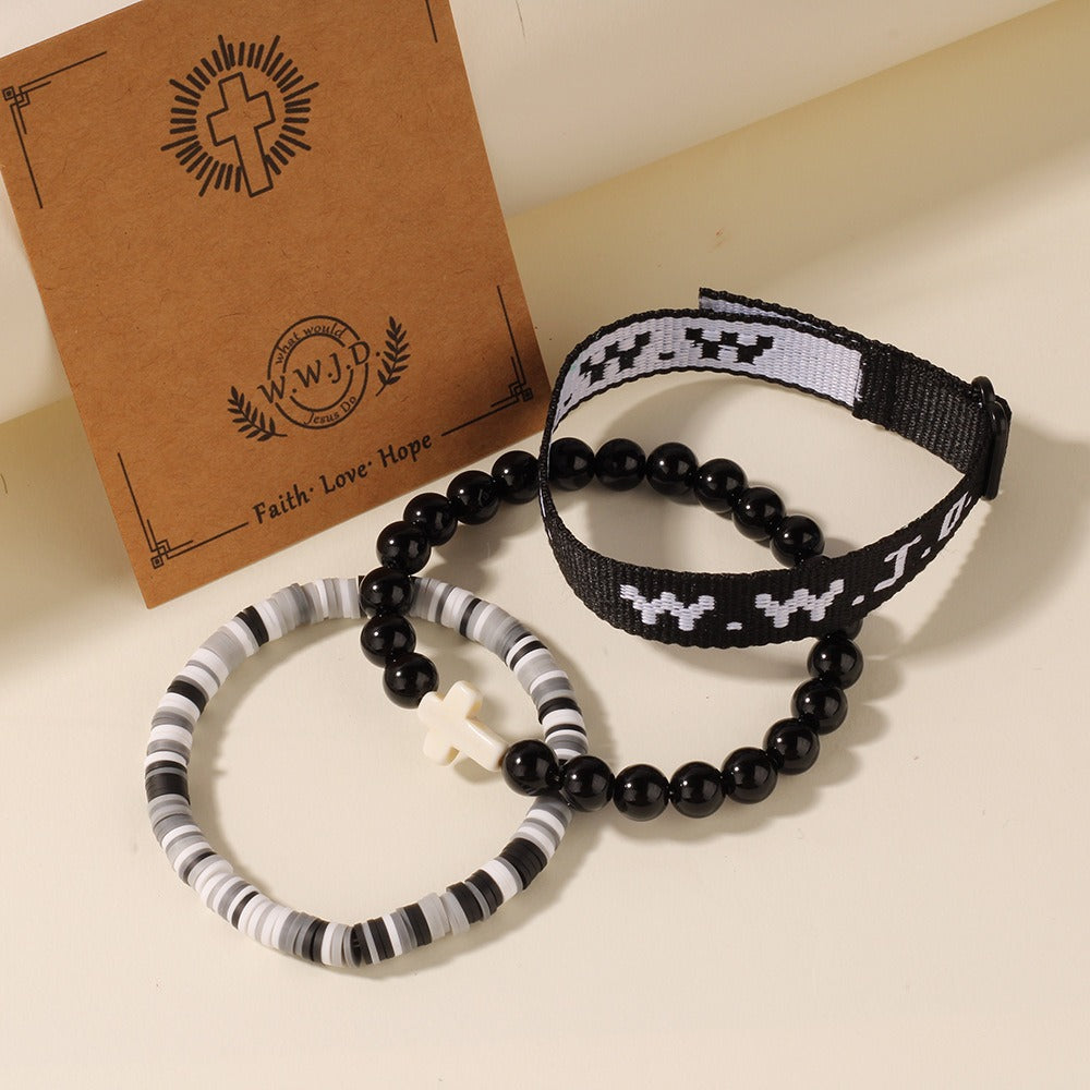 Multi-Color Christian Faith "WWJD" Bracelet Set - Cross Beaded & Webbing Bracelet, Unisex Religious-Style Fashion Accessory